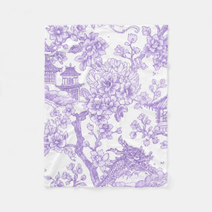 Purple Chinoiserie Toile Dragon Cherry Blossom Fleece Blanket