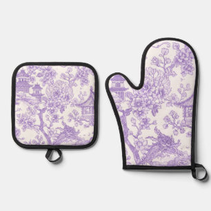Purple Chinoiserie Toile Dragon Cherry Blossom Oven Mitt & Pot Holder Set