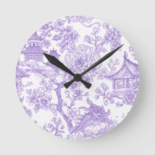 Purple Chinoiserie Toile Dragon Cherry Blossom Round Clock