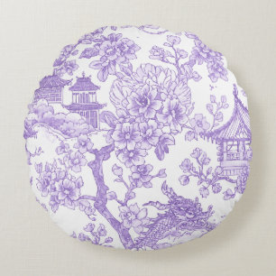 Purple Chinoiserie Toile Dragon Cherry Blossom Round Cushion