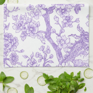 Purple Chinoiserie Toile Dragon Cherry Blossom Tea Towel