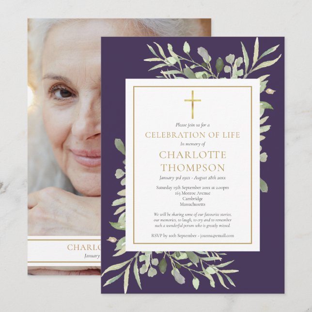 Purple Christian Celebration of Life Funeral Photo Invitation (Front/Back)