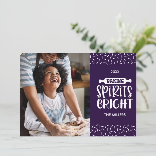Purple | Christmas Baking Spirits Bright Photo Holiday Card (Standing Front)