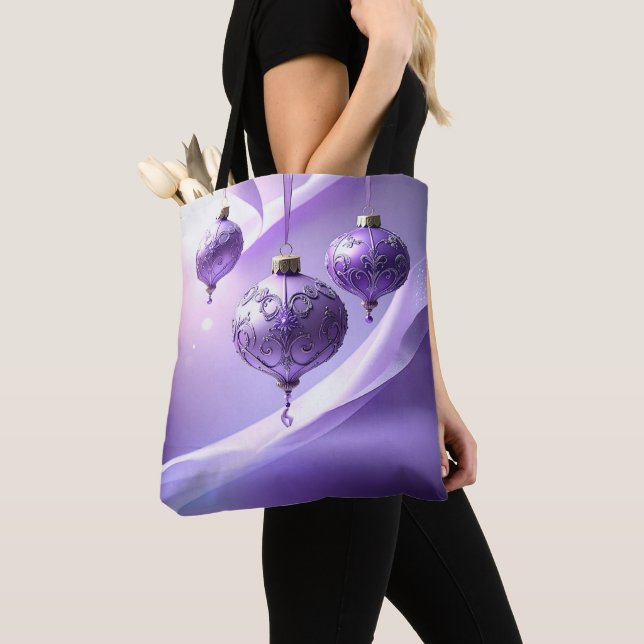 Purple Christmas Ball Holiday Tote Bag (Close Up)