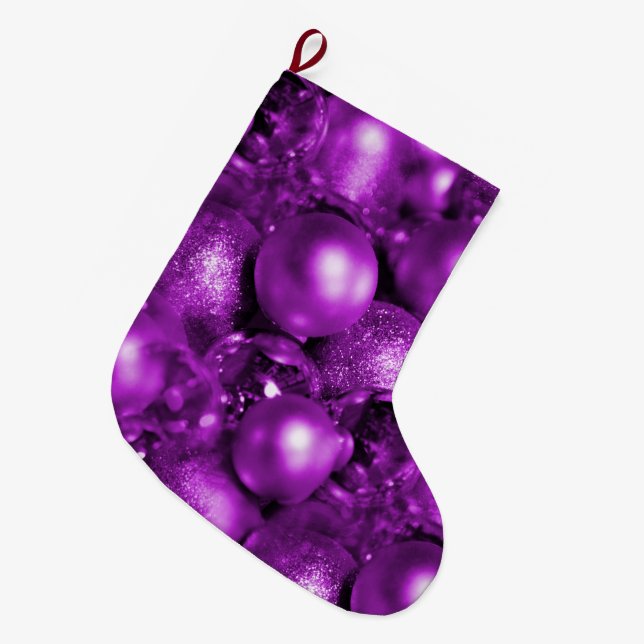 Purple Christmas Baubles Large Christmas Stocking (Front (Hanging))