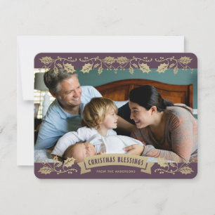 Purple Christmas Blessings Holly Berries Photo Holiday Card