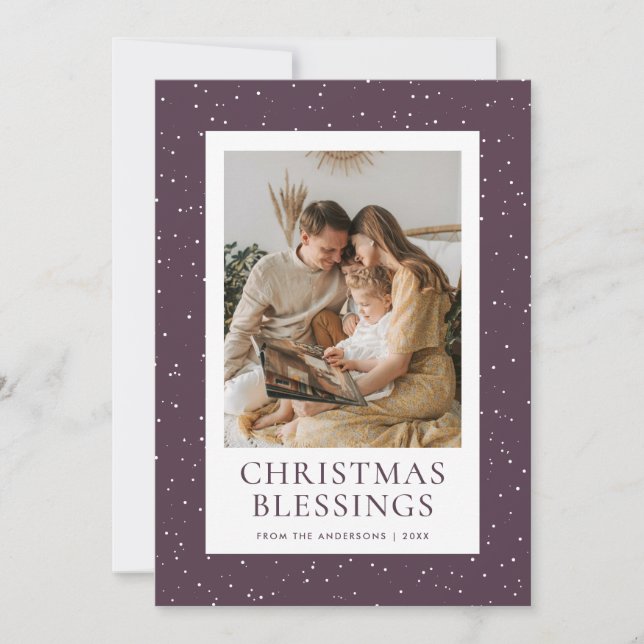 Purple Christmas Blessings Snow Photo Holiday Card (Front)