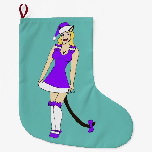 Purple Christmas catgirl Large Christmas Stocking (Front)