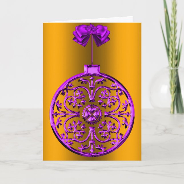 Purple Christmas Decoration on Gold Holiday Card (Front)