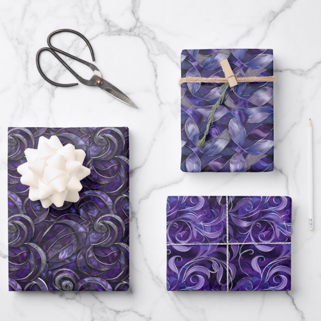 Purple Christmas Elegance Pattern Silver Accent Wrapping Paper Sheet (Front)
