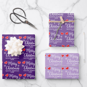 Purple Christmas Elegant Snowflake Heart Pattern Wrapping Paper Sheet