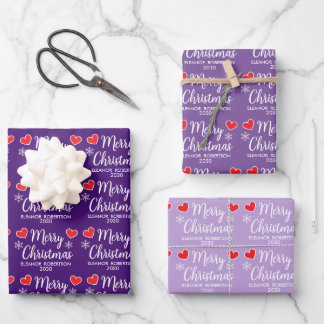 Purple Christmas Elegant Snowflake Heart Pattern Wrapping Paper Sheet