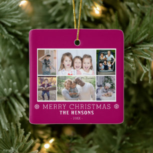 Purple Christmas Family 6 Photo Collage Ceramic Ornament