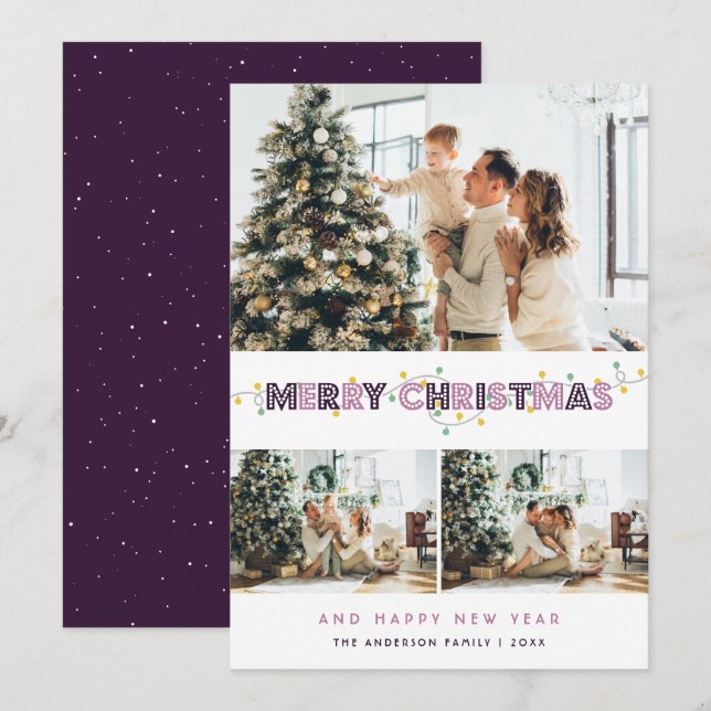 Purple Christmas Lights 3 Photo Collage Holiday Card (Front/Back)