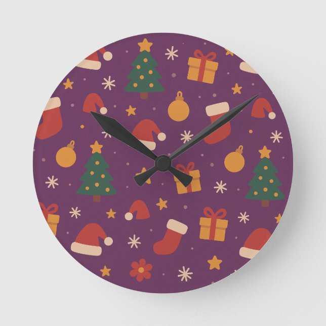 Purple Christmas Pattern Aesthetic – Cute Holiday  Round Clock (Front)