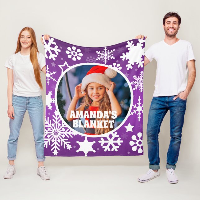 Purple Christmas Snowflakes Custom Kids Photo Fleece Blanket (In Situ)
