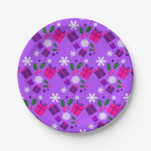 purple christmas snowflakes holly paper plate