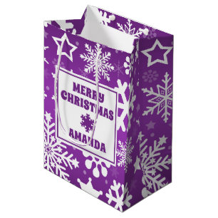 Purple Christmas Snowflakes Personalised Kids Medium Gift Bag