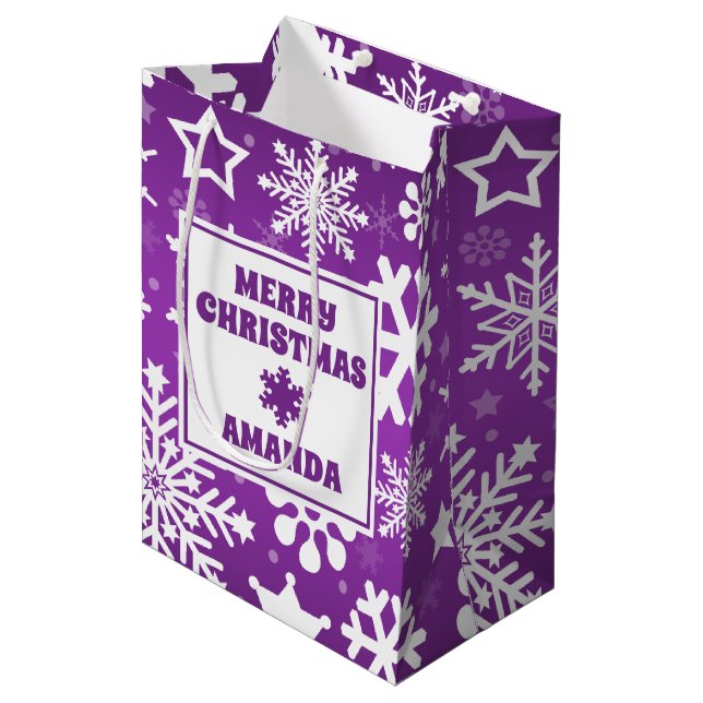 Purple Christmas Snowflakes Personalised Kids Medium Gift Bag (Front Angled)