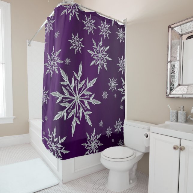 Purple Christmas stars with white ice crystal Shower Curtain (In Situ)