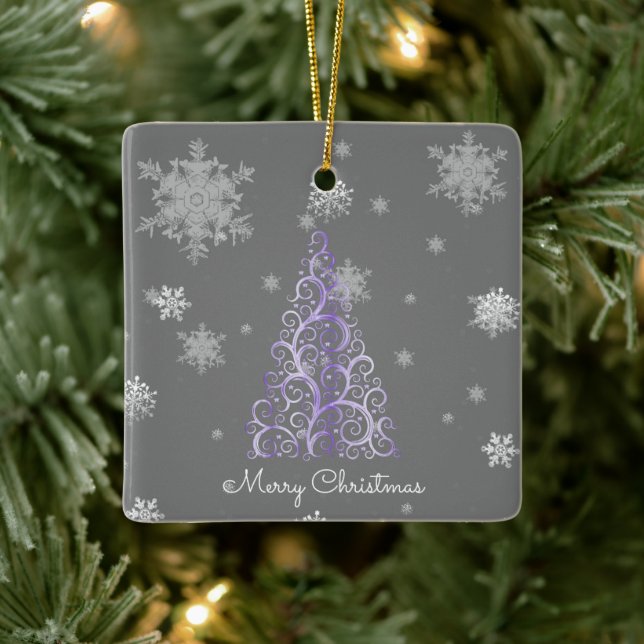 Purple Christmas Tree and Snowflakes Ceramic Ornament (Tree)