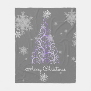 Purple Christmas Tree and Snowflakes Fleece Blanket
