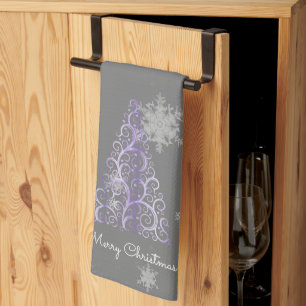 Purple Christmas Tree and Snowflakes Kitchen Towel