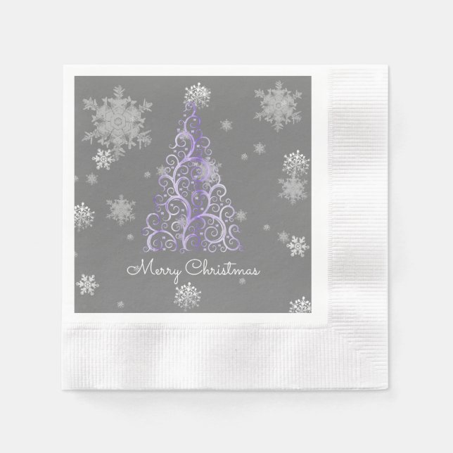 Purple Christmas Tree and Snowflakes Paper Napkin (Front)