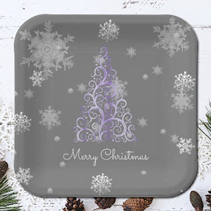 Purple Christmas Tree and Snowflakes Paper Plate