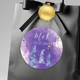 Purple Christmas Tree Golden Snowflakes Classic Round Sticker