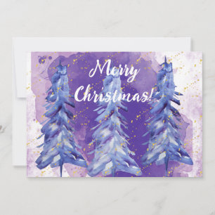 Purple Christmas Tree Golden Snowflakes Holiday Card
