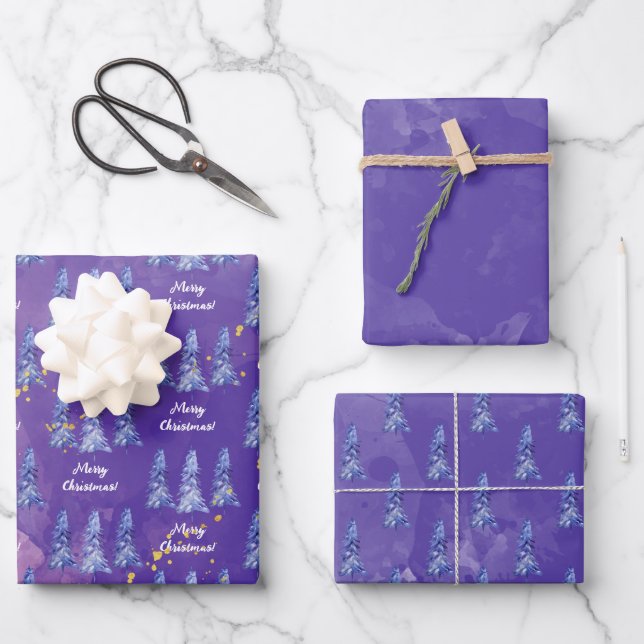 Purple Christmas Tree Golden Snowflakes Wrapping Paper Sheet (Front)