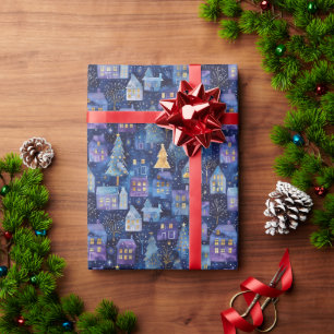 Purple Christmas Village With A Christmas Tree Wrapping Paper