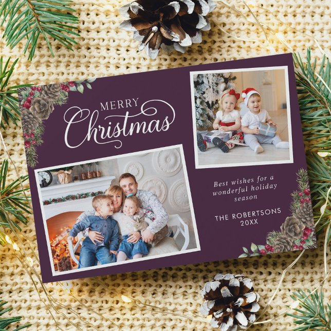 Purple Christmas Watercolor Botanical 2 Photo Holiday Card (Creator Uploaded)
