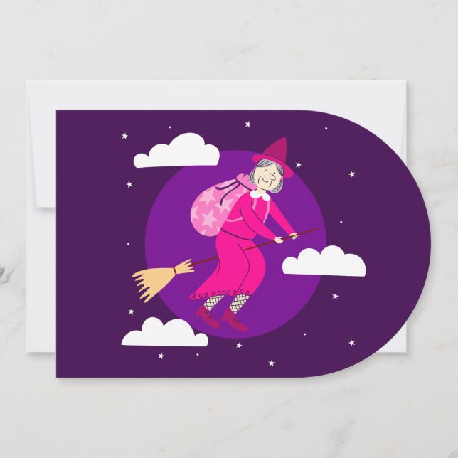 purple christmas witch befana broomrider spookmas invitation (Front)