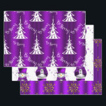 Purple Christmas Wrapping Paper Sheet<br><div class="desc">This purple Christmas wrapping paper set features three very distinct purple patterns for your Christmas gift wrapping: a contemporary pattern of white Christmas trees with the words 'Be Merry' in white scattered around very modern-looking white Christmas trees, the second sheet has an adorable pattern of little snowmen dressed in purple...</div>