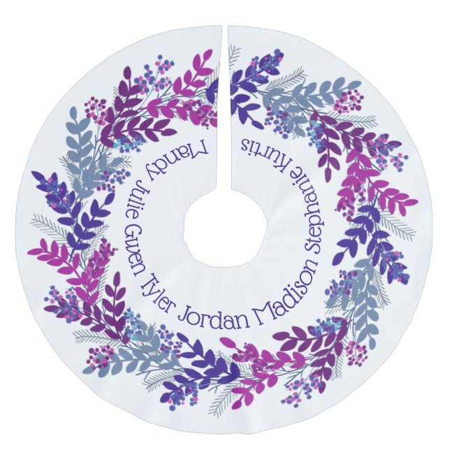 Purple Christmas Wreath Family Names Brushed Polyester Tree Skirt (Front)