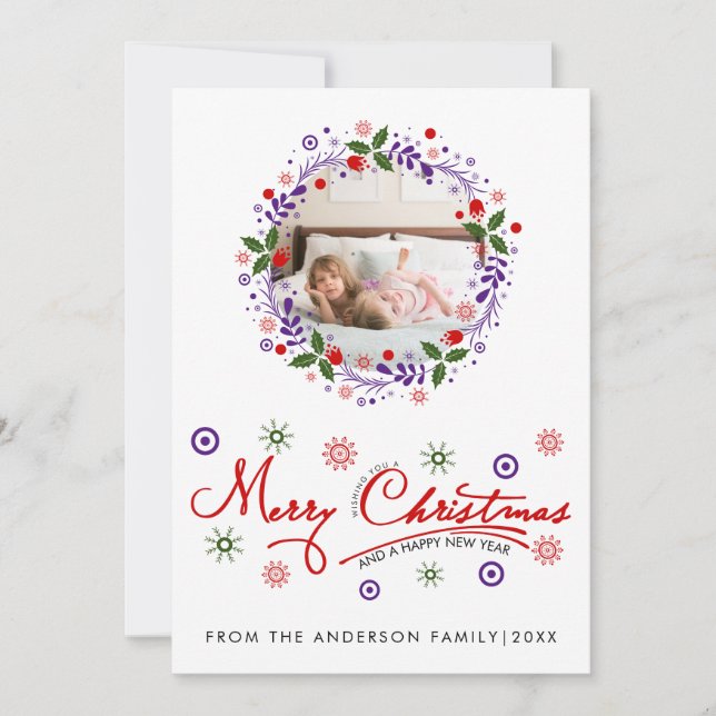 Purple Christmas wreath, script typography photo Holiday Card (Front)