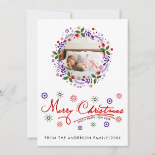 Purple Christmas wreath, script typography photo Holiday Card