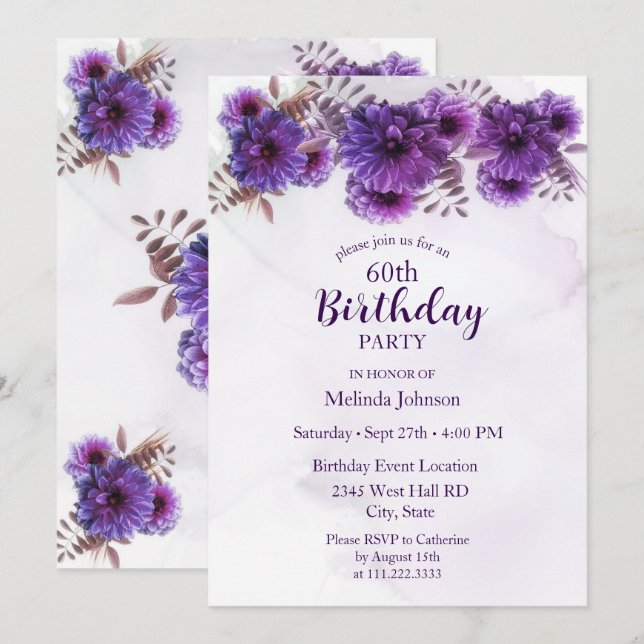 Purple Chrysanthemums 60th Birthday Invitation (Front/Back)