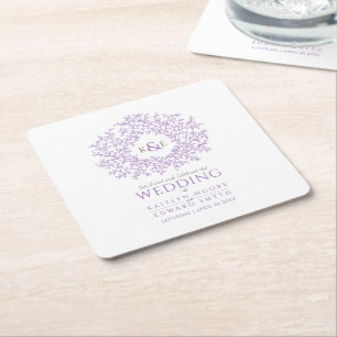 Purple circle leaf drawing monogram wedding square paper coaster