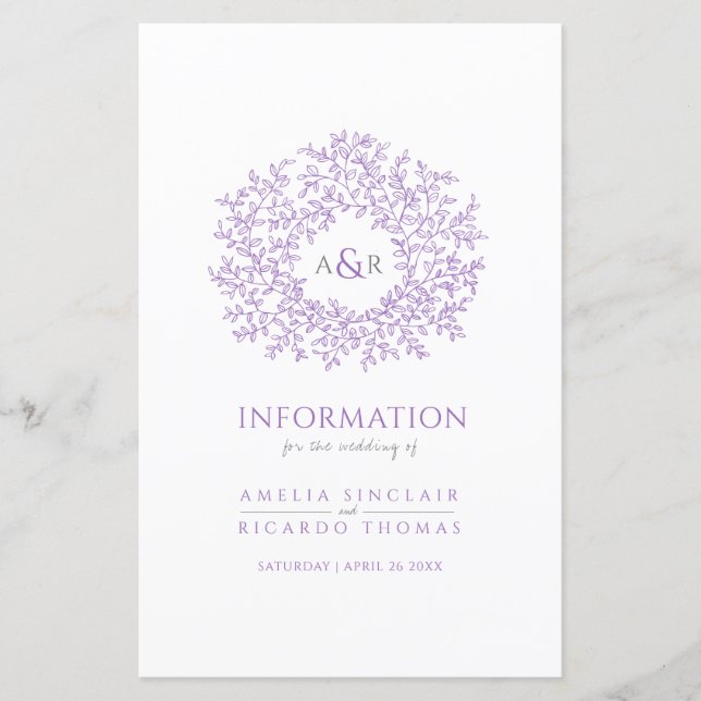 Purple circle of leaves wedding guest information (Front)