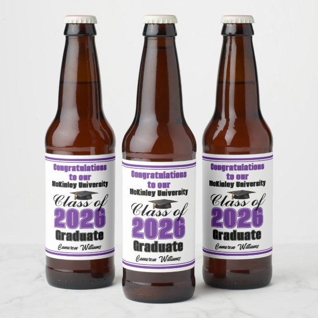 Purple Class of 2026 Graduation Party Custom Beer Bottle Label (Bottles)