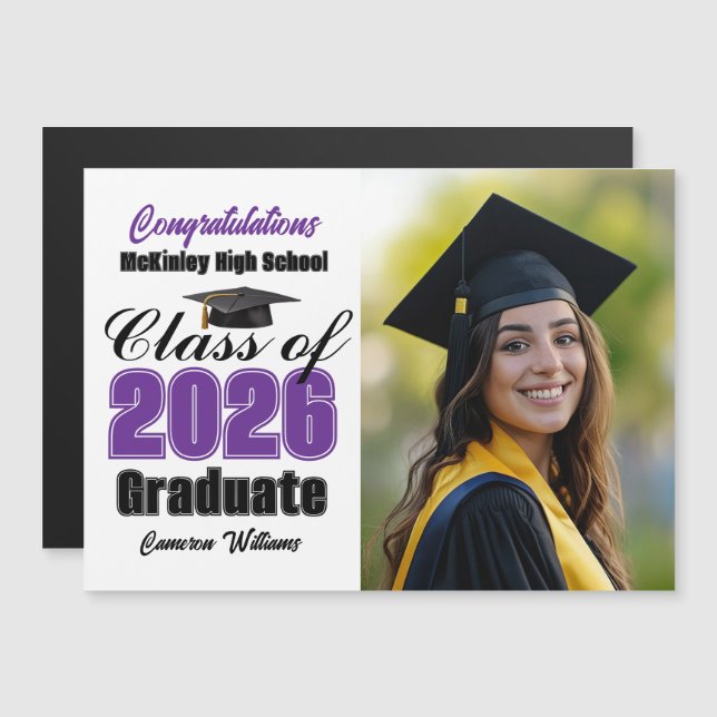 Purple Class of 2026 Graduation Photo Magnet Card (Front/Back)