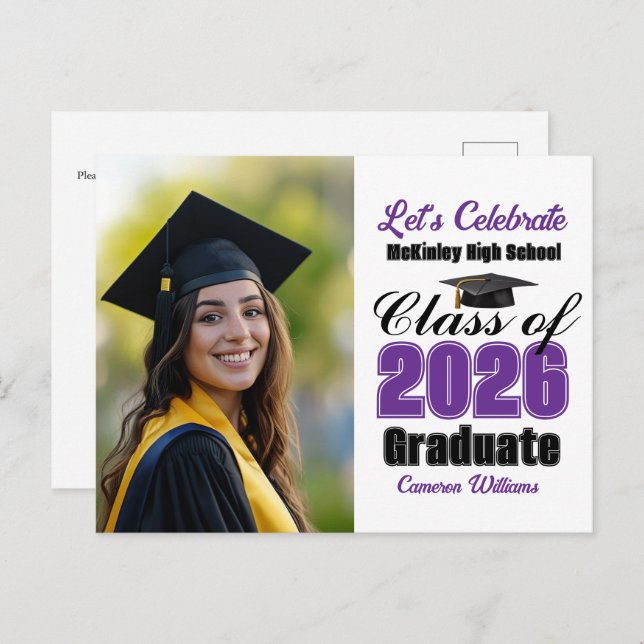 Purple Class of 2026 Photo Graduation Party Invitation Postcard (Front/Back)