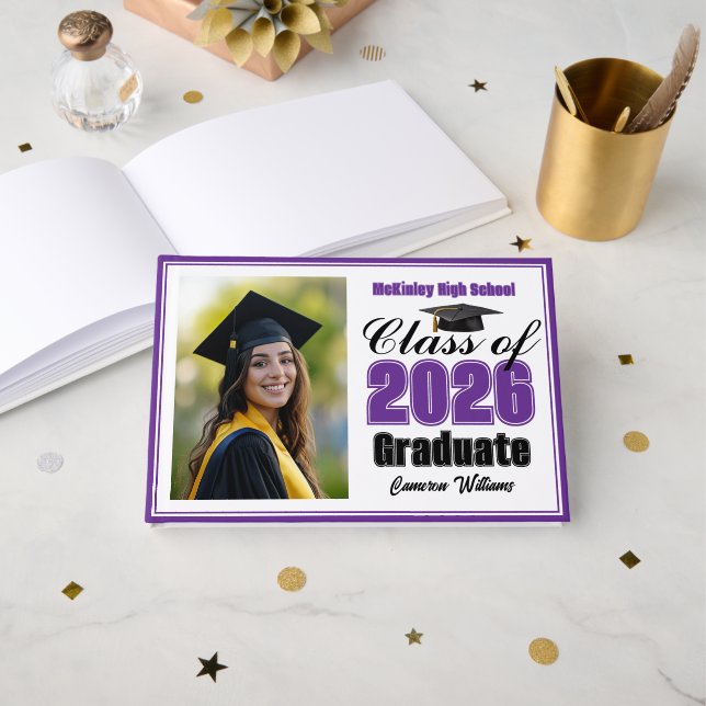 Purple Class of 2026 Photo Small Graduation Guest Book (Front Open)