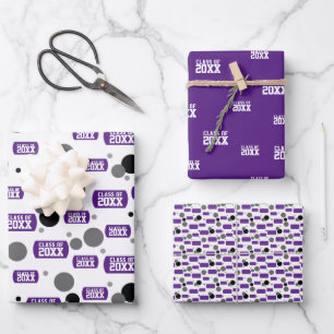 Purple "Class Of" Dog Tag and Dots Pattern Wrapping Paper Sheet