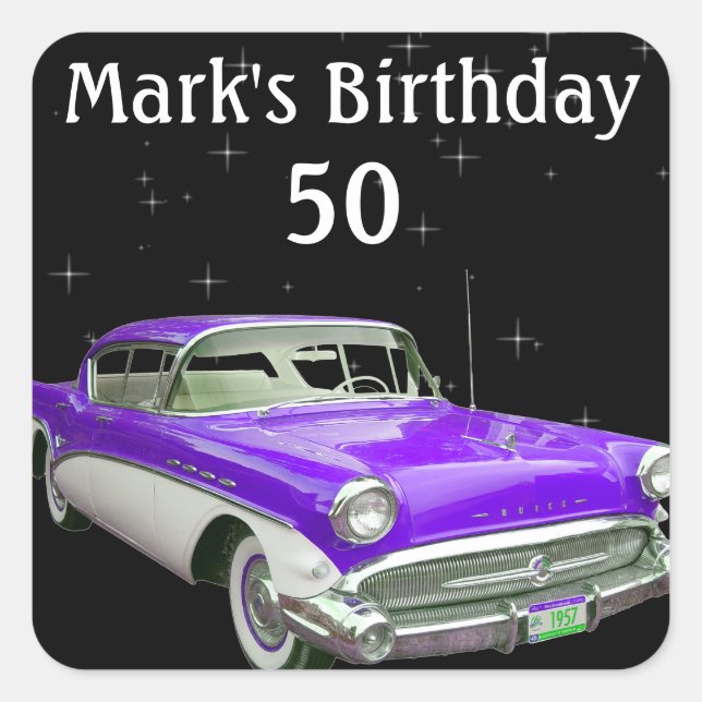 Purple Classic Muscle Car Birthday Bash Square Sticker (Front)