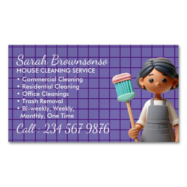Purple Cleaning Janitorial Lady Tile Washing Magnetic Business Card (Front)