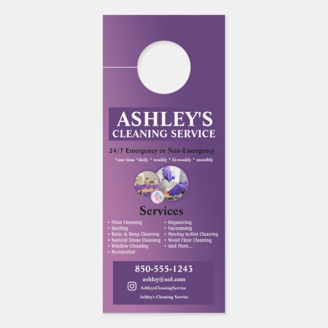Purple Cleaning Service Business Card  Door Hanger (Front)